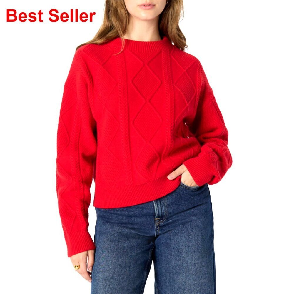 Relaxed Fit Cable Knit Crewneck Sweater Cotton Blend Mock Neck